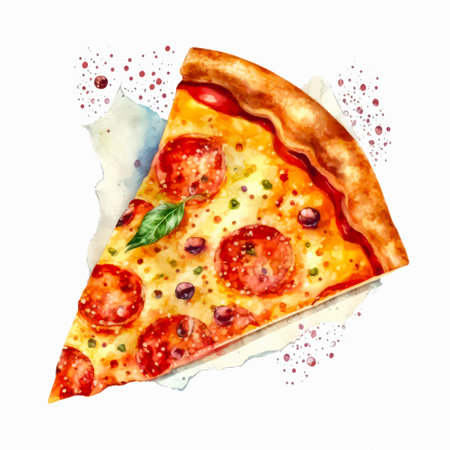 Piece of pizza pepperoni on white background. Watercolor food illustration.の素材