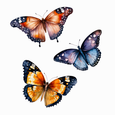 Set of beautiful colored butterflies in watercolor style on white background.の素材