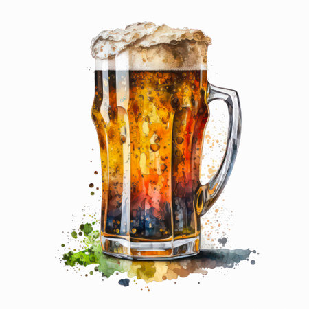 Glass of beer on white background. Watercolor illustration of a cold alcohol drink.の素材