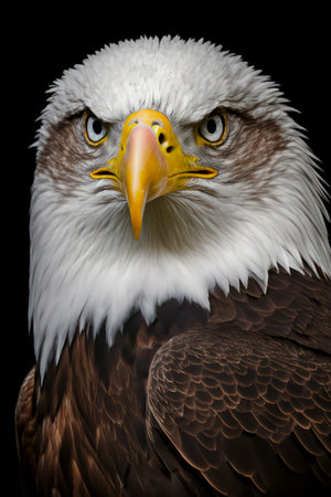 Close-up portrait of a bald eagle on black background.の素材