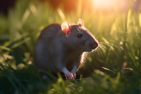 Gray rat in the grass in the light of the sun.の素材