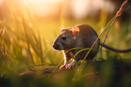 Gray rat in the grass in the light of the sun.の素材