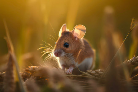 Small brown mouse in the grass in the light of the sun.の素材