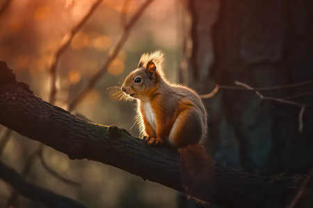 Small red squirrel sits on the tree branch in the forest.の素材