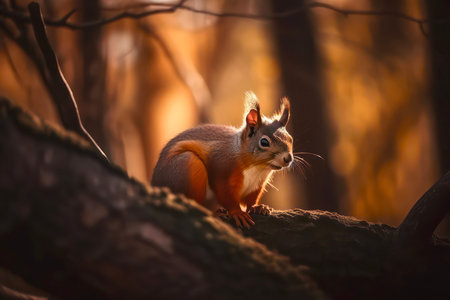 Small red squirrel sits on the tree branch in the forest.の素材