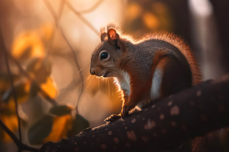Small red squirrel sits on the tree branch in the forest.の素材