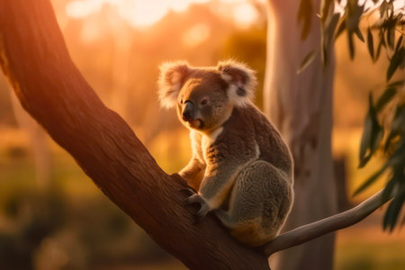 Cute koala bear sits on the tree branch in the light of the sun. beautiful wild nature.の素材