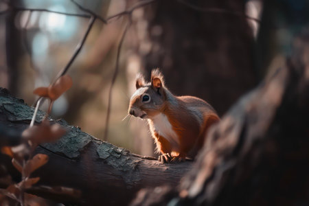 Small red squirrel sits on the tree branch in the forest. scene of wild nature.の素材