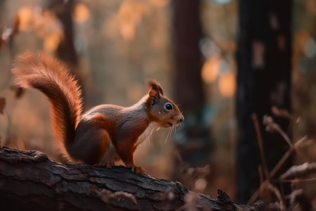 Small red squirrel sits on the tree branch in the forest.の素材