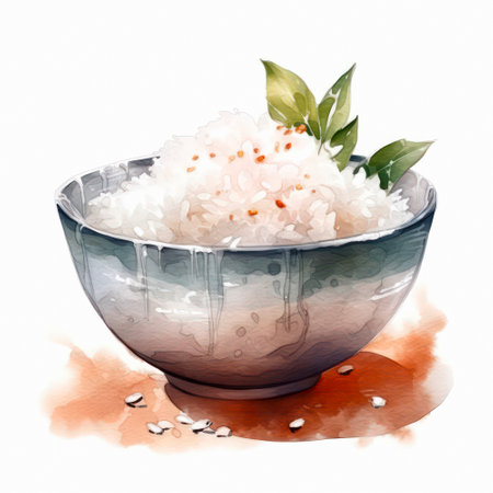 Bowl with rice in watercolor style on white background.の素材