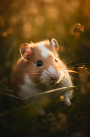 Little wild hamster in the grass at warm sunny day.の素材