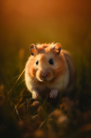 Little wild hamster in the grass at warm sunny day.の素材