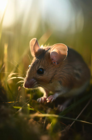 Little brown mouse in the grass at warm sunny day.の素材