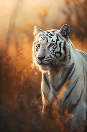 Rare white tiger in savanna.の素材