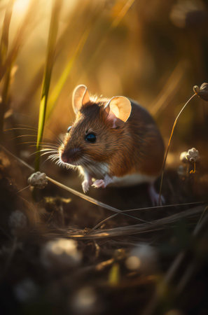 Little brown mouse in the grass at warm sunny day.の素材