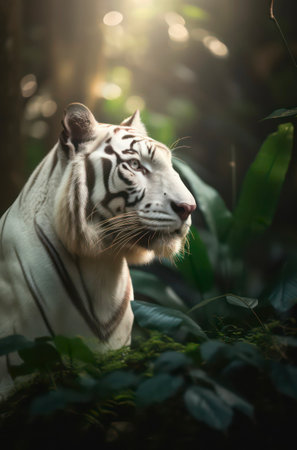 White tiger in the tropical forest. Beautiful wild nature scene.の素材