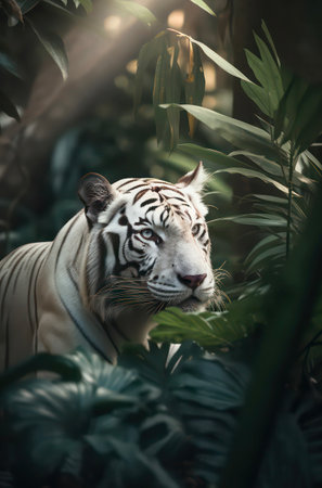 White tiger in the tropical forest. Beautiful wild nature scene.の素材