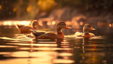 Ducks are swimming in the pond at sunset. Beautiful wild nature scene.の素材