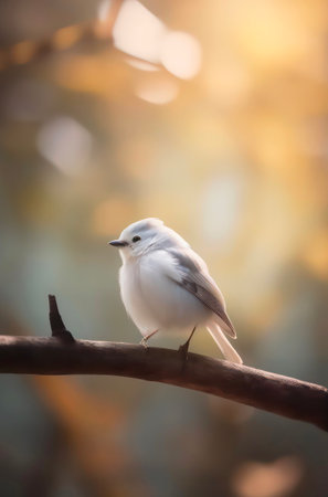 Tiny white bird sits on the branch in the forest. Blur background, focus on the bird.の素材