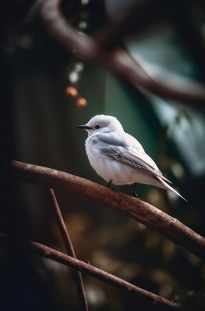 Tiny white bird sits on the branch in the forest. Blur background, focus on the bird.の素材