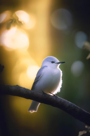 Tiny white bird sits on the branch in the forest. Blur background, focus on the bird.の素材