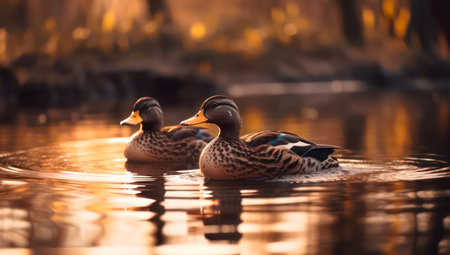Ducks are swimming in the pond at sunset. Beautiful wild nature scene.の素材