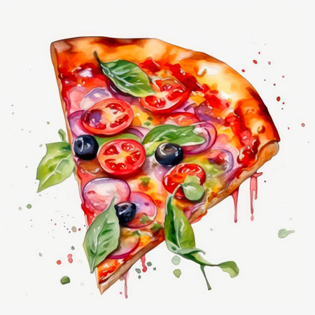 Piece of pizza on white background. Watercolor food illustration.の素材