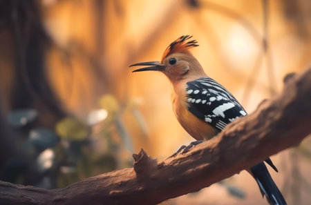 Eurasian hoopoe sits on the branch in the forest at sunny day.の素材