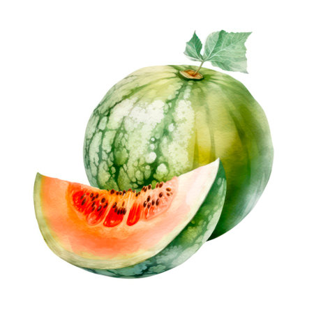 Piece of watermelon and whole watermelon on white background. Watercolor food illustration.の素材