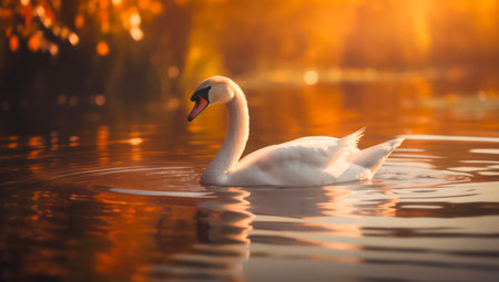 Single swan is swimming on the lake at sunset.の素材