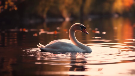 Single swan is swimming on the lake at sunset.の素材