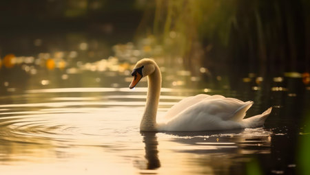 Single swan is swimming on the lake.の素材