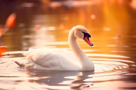 Single swan is swimming on the lake at sunset.の素材
