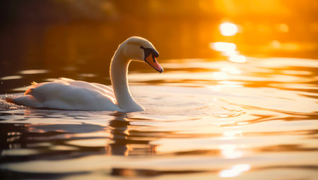 Single swan is swimming on the lake at sunset.の素材