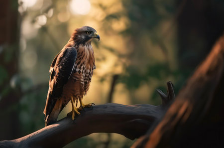 Single hawk sits on the tree branch in the forest. Portrait of a majestic bird of prey in nature.の素材