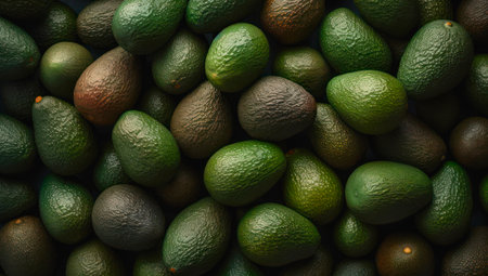 A lot of ripe avocado fruits. Background design with fresh avocados.の素材