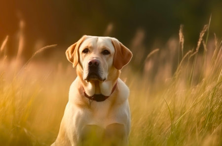 Golden labrador retriever dog sits in the grass outdoor under sunlight.の素材
