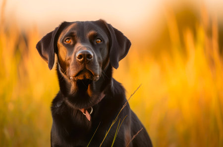 Portrait of a black labrador retriever in the grass outdoor under sunlight.の素材
