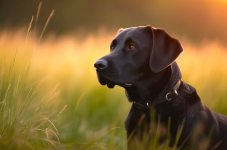 Portrait of a black labrador retriever in the grass outdoor under sunlight.の素材