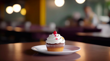 Chocolate cupcake decorated with whipped cream is on a plate on a table in front of abstract blurred background of cafe.の素材