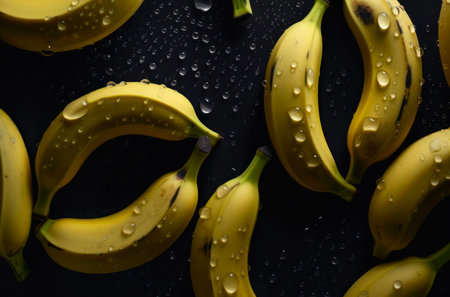 A lot of ripe bananas with water drops. Background design with fresh wet bananas.の素材