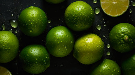 A lot of ripe limes with water drops. Background design with fresh wet limes.の素材