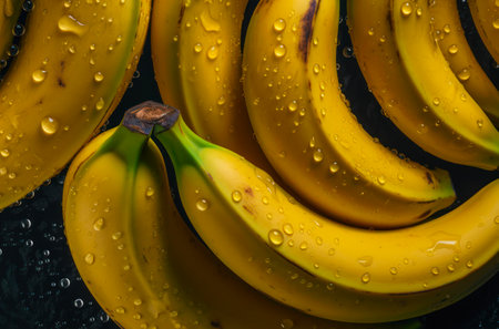 A lot of ripe bananas with water drops. Background design with fresh wet bananas.の素材