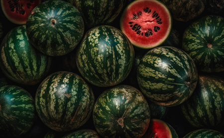 Fresh juicy watermelons. Background design with lots of ripe watermelons.の素材