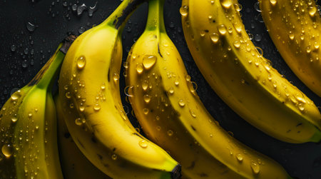 A lot of ripe bananas with water drops. Background design with fresh wet bananas.の素材