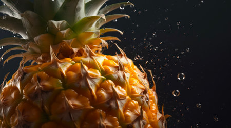Fresh wet pineapple among water drops on black background.の素材