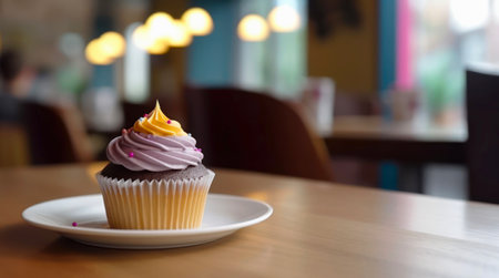 Chocolate cupcake decorated with whipped cream is on a plate on a table in front of abstract blurred background of cafe.の素材