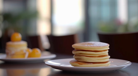 Stack of pancakes on a plate on a table in front of abstract blurred background of cafe in the morning.の素材