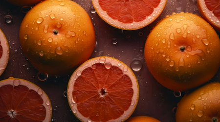 A lot of ripe grapefruits with water drops. Background design with fresh wet grapefruits.の素材