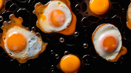 Fried eggs on black background.の素材